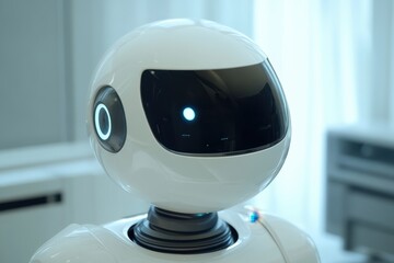 Poster - Robot with a round head and smooth surface interacting in a modern environment
