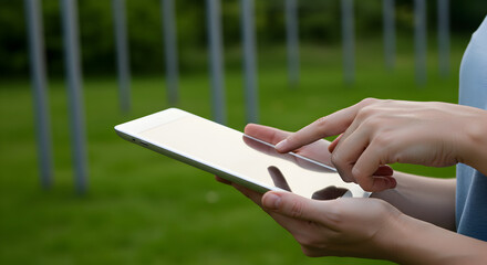 Poster - Woman Using Digital Tablet with White Screen in Green Grass Background for Business Communication and Mobile Connection