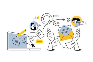 Fototapete - Creative illustration of online business, management, documents, communication, planning and business report. Vector concept for web banner, social media banner, business presentation, marketing mater
