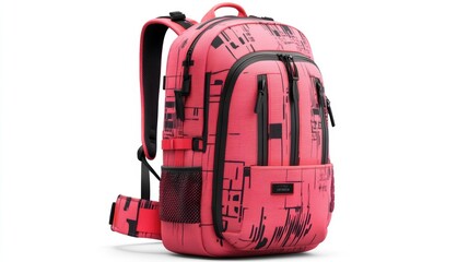 pink backpack with unique abstract graphic design, ergonomic padding, and durable build, isolate on 