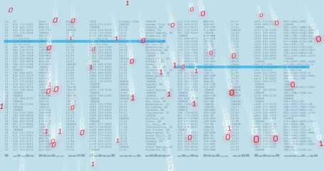 Poster - Digital interface streaming crime data tables with highlighted rows under cascading binary digits