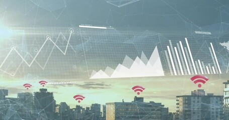 Poster - Digital data overlay floating above urban skyline at dusk, displaying pink Wi?Fi icons, charts