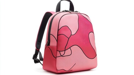 sleek pink backpack with abstract graphic design, ergonomic back support, and top handle, isolate on
