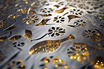 Poster - Intricate metal design with floral patterns illuminated by soft golden light