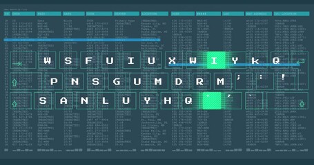 Poster - Cybersecurity interface showing neon green and white pixel tiles over code text, using flat design