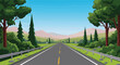 © meeblues - A vibrant illustration of a straight road stretching into the distance, framed by lush greenery and mountains under a clear blue sky. This image captures the essence of a scenic journey