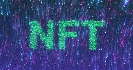 Poster - NFT letters floating 3D render against cyber backdrop, glowing green particles streaming neon rain