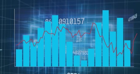 Poster - Turquoise bars being animated over deep blue wireframe grid, with red trend line, numeric labels