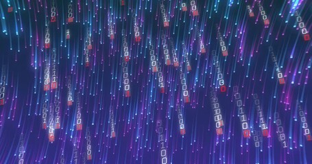 Poster - Binary code streams falling like digital rain, glowing in blue purple pink and cyan tones