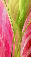 Wall Mural -   An abstract painting featuring a blend of pink, green, and yellow swirls against a backdrop of pink and green with distinct white lines
