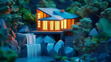 Poster - modern low poly house waterfall night scene dream home architecture design illustration digital art 