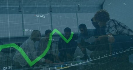 Poster - team crouching over documents in office, showing floating green line graph and charts for finance