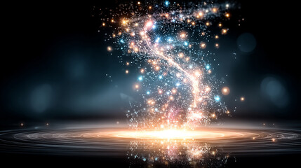 Poster - Abstract glowing energy stream with blue and pink particles flows across a dark background symbolizing futuristic technology cosmic energy digital communication and creative imagination

