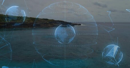 Poster - Holographic globe floating over coastal scene, showing dotted rings and connecting network lines