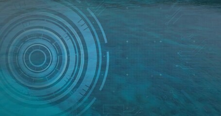 Poster - Concentric digital rings spinning and glowing on teal-blue grid background with circuit motifs
