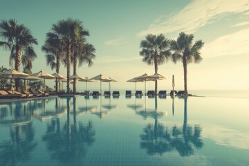 Wall Mural - a stunning view of the swimming pool at an elegant beach resort in thailand, surrounded by palm tree