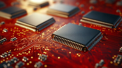 Poster - Close-up of illuminated semiconductor chips on a circuit board symbolizing precision innovation and the foundation of modern technology in advanced semiconductor manufacturing processes

