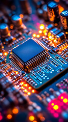 Poster - Close-up of illuminated semiconductor chips on a circuit board symbolizing precision innovation and the foundation of modern technology in advanced semiconductor manufacturing processes

