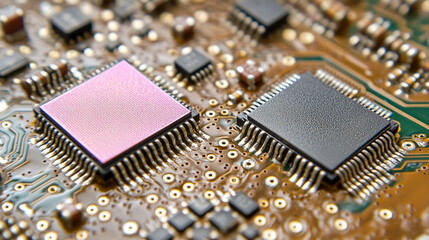 Poster - Close-up of illuminated semiconductor chips on a circuit board symbolizing precision innovation and the foundation of modern technology in advanced semiconductor manufacturing processes

