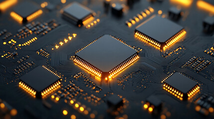 Poster - Close-up of illuminated semiconductor chips on a circuit board symbolizing precision innovation and the foundation of modern technology in advanced semiconductor manufacturing processes

