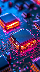 Poster - Close-up of illuminated semiconductor chips on a circuit board symbolizing precision innovation and the foundation of modern technology in advanced semiconductor manufacturing processes

