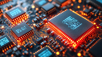 Poster - Close-up of illuminated semiconductor chips on a circuit board symbolizing precision innovation and the foundation of modern technology in advanced semiconductor manufacturing processes

