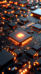 Poster - Close-up of illuminated semiconductor chips on a circuit board symbolizing precision innovation and the foundation of modern technology in advanced semiconductor manufacturing processes

