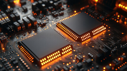 Poster - Close-up of illuminated semiconductor chips on a circuit board symbolizing precision innovation and the foundation of modern technology in advanced semiconductor manufacturing processes

