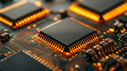 Poster - Close-up of illuminated semiconductor chips on a circuit board symbolizing precision innovation and the foundation of modern technology in advanced semiconductor manufacturing processes

