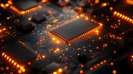 Poster - Close-up of illuminated semiconductor chips on a circuit board symbolizing precision innovation and the foundation of modern technology in advanced semiconductor manufacturing processes

