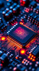 Poster - Close-up of illuminated semiconductor chips on a circuit board symbolizing precision innovation and the foundation of modern technology in advanced semiconductor manufacturing processes

