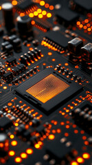 Poster - Close-up of illuminated semiconductor chips on a circuit board symbolizing precision innovation and the foundation of modern technology in advanced semiconductor manufacturing processes


