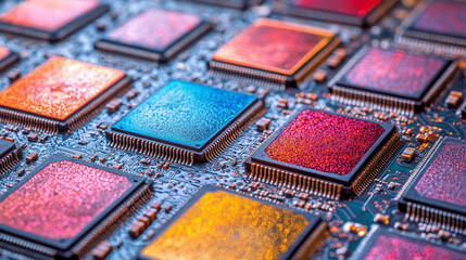 Poster - Close-up of illuminated semiconductor chips on a circuit board symbolizing precision innovation and the foundation of modern technology in advanced semiconductor manufacturing processes

