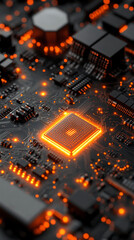 Poster - Close-up of illuminated semiconductor chips on a circuit board symbolizing precision innovation and the foundation of modern technology in advanced semiconductor manufacturing processes

