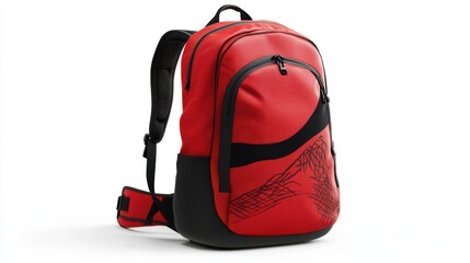 red backpack with sleek abstract graphic design, ergonomic back support, and durable construction, i