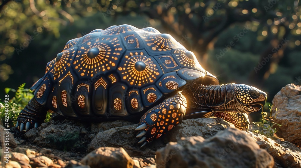 Dazzling Indian star tortoise resting on a sunlit rock its patterned ...