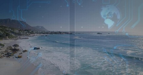 Poster - Foamy shoreline waves showing digital overlay in coastal scene, with circuit lines, HUD panels