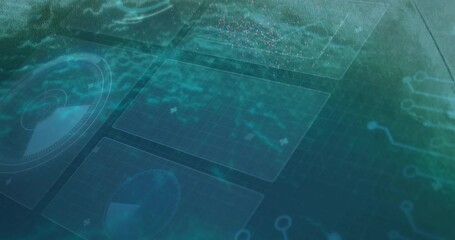 Poster - hud panels being displayed over blue-green virtual scene, featuring radar circle and circuit motifs