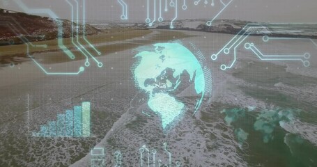 Poster - Rotating holographic globe hovering over sandy beach, overlaying circuit grid and translucent chart