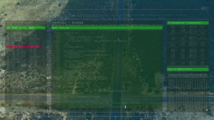 Poster - Flat design terminal interface being displayed over desert road, showing login table and hex dump