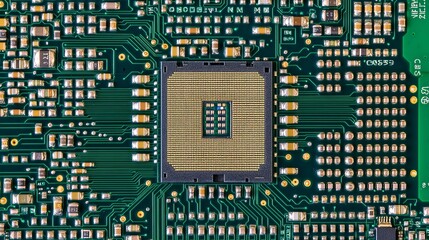 Poster - High Resolution Detailed Close Up Green Circuit Board Technology Microchip Electronic Components Computer Hardware Digital Technology Background Image