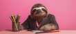 © Natallia - In a real picture, a sloth is seen sitting at his desk wearing a suit against a basic pink backdrop