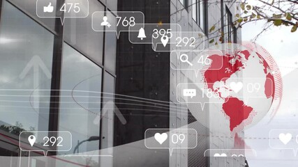 Poster - Reflective office facade featuring digital overlay showing social media icons and world map graphic