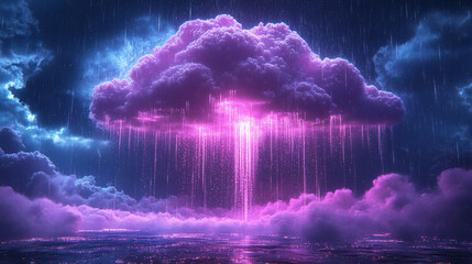 Poster - A glowing digital cloud releases streams of data like futuristic rain symbolizing the seamless flow of information connectivity cloud storage and the evolution of cloud computing technology

