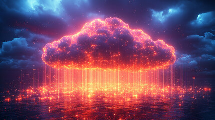 Poster - A glowing digital cloud releases streams of data like futuristic rain symbolizing the seamless flow of information connectivity cloud storage and the evolution of cloud computing technology

