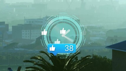 Poster - flat design HUD overlay floating over hazy urban skyline, showing thumbs-up icons and blue bubble