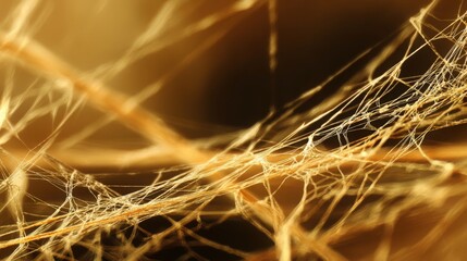 Abstract golden light illuminating delicate spiderweb, intricate nature detail. Perfect for backgrounds, textures, or Halloween themes.