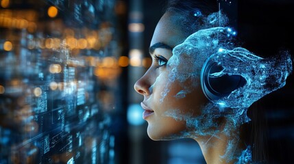 Poster - digital woman futuristic technology ai concept abstract blue data visualization modern headphones ar