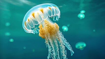Aufkleber - Colorful jellyfish gracefully swimming in the clear ocean waters, showcasing their delicate tentacles and mesmerizing movements