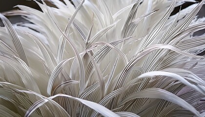 close up of a plant with long thin leaves the leaves are white and have a wavy feathery texture